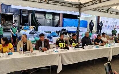 <p><strong>DESTROYED.</strong> Interior and Local Government Secretary Juanito Victor "Jonvic" Remulla and Dangerous Drugs Board Chairperson Oscar Valenzuela (third and second from right) join the Philippine Drug Enforcement Agency on Tuesday (March 24, 2026) in destroying PHP4.56 billion worth of seized illegal drugs in Trece Martires City, Cavite. The drugs were confiscated in various government anti-drug operations and those ordered destroyed by the courts.<em> (PNA photo by Lloyd Caliwan)</em></p>