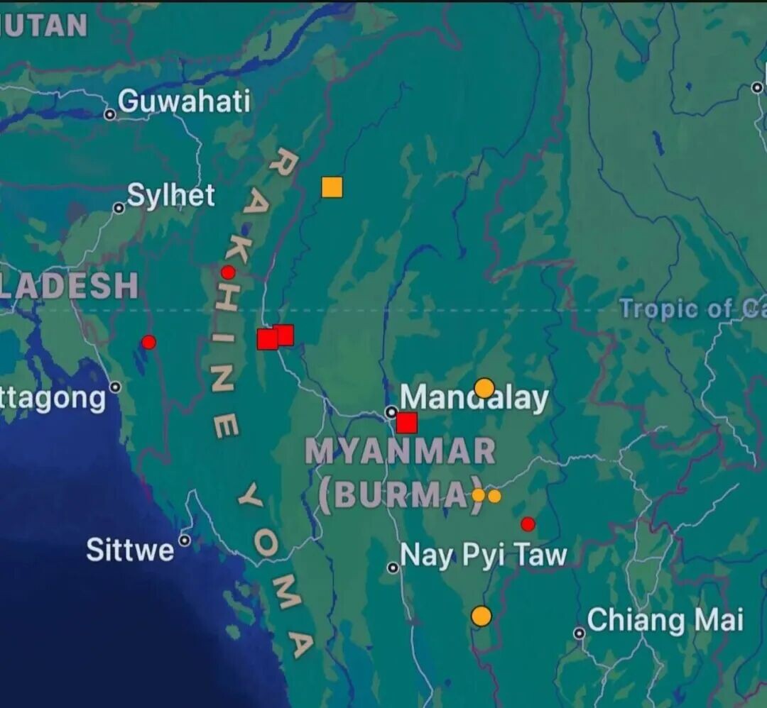 May be an image of map and text that says 'UTAN Guwahati Sylhet ADESH 大 I tagong z Tropic ofC Sittwe 人 O 3 Mandalay MYANMAR (BURMA. Nay Pyi Taw Chiang Mai Bago Yangon 유슈 1'
