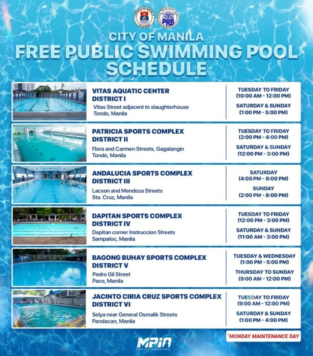 Schedule of free public swimming pool access across Manila&rsquo;s six districts this summer. (Photo courtesy of Manila PIO)