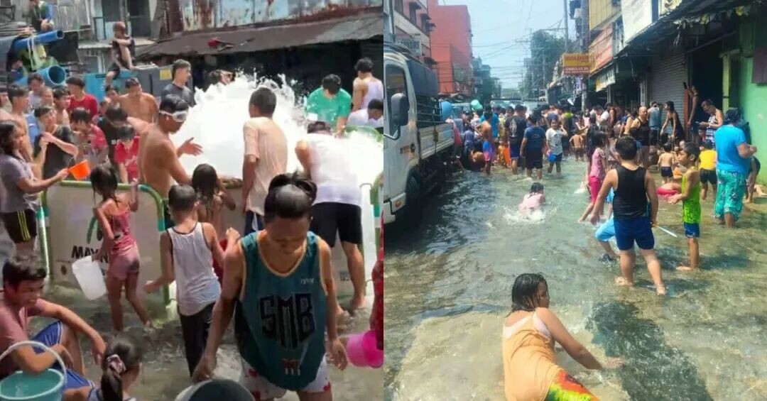 Children take advantage of floodwaters from a ruptured pipeline to swim along Sta. Maria Street in Tondo, Manila on April 12, amid a water service disruption. (Photos courtesy of Cedrick and Jeffrey Peñano Agulto)