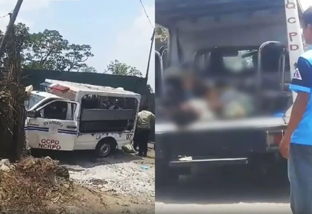 Persons Under Police Custody (PUPC) lie on the ground after the Philippine National Police (PNP) mobile vehicle they were riding in crashed into a concrete wall in Barangay Payatas, Quezon City on Friday morning, April 24, 2026. (Photo courtesy of Leonid Dizon)