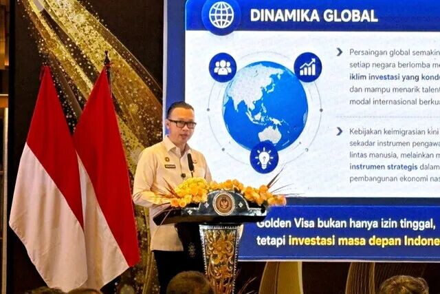 Direktur Jenderal Imigrasi Kementerian Imigrasi dan Pemasyarakatan, Hendarsam Marantoko, saat memberikan sambutan dalam sosialisasi Golden Visa, di Jakarta Pusat, Kamis (21/5/2026). Foto: Jeni Ritanti/kumparan