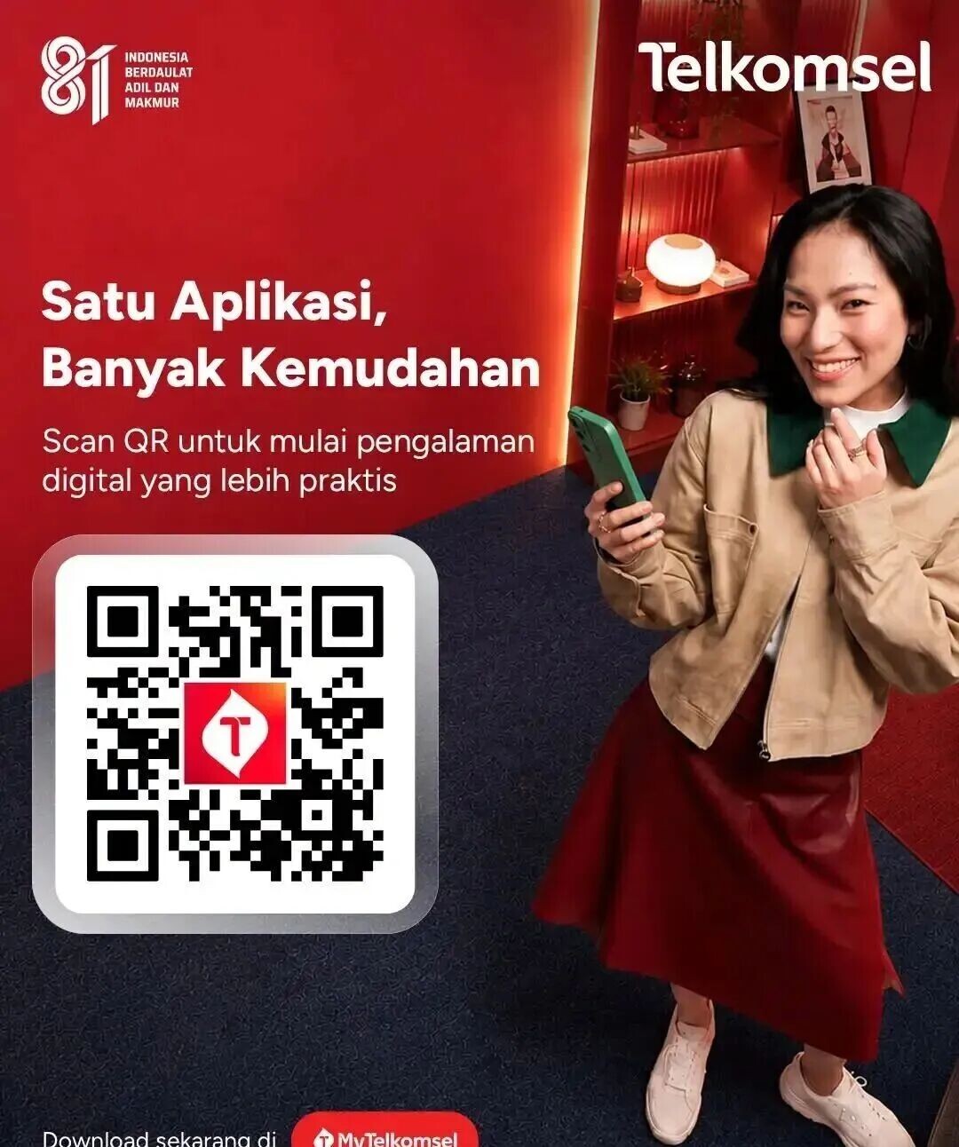 可能是一张文字图片，内容为&ldquo;INDONESIA BERDULAT LAT JUDIL PROSPEROUS Telkomsel One Application, Many Conveniences Scan QR to start a more practical digital experience T Download now on T MyTelkomsel&rdquo;