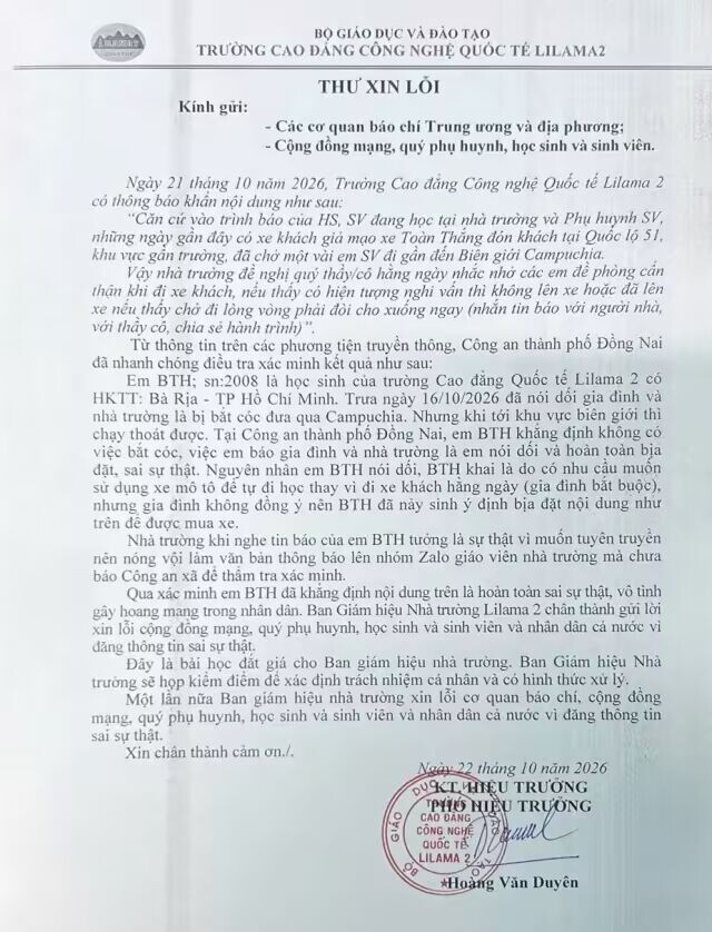 Thư xin lỗi của Trường Cao đẳng C&ocirc;ng nghệ quốc tế Lilama 2.